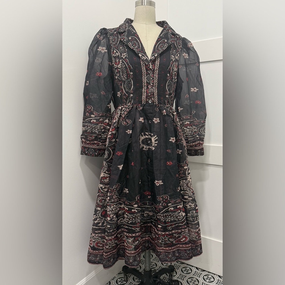 Toleen Classic Floral Pasley Print Sheer Puff Sleeves Size XL Boho Chic Feminine